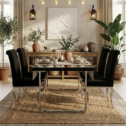 Large Black Pinewood and Clear Glass Top Dining Table with Silver U-Shaped Metal Legs | Kerala