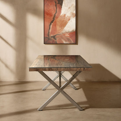 Square Natural Wood and Clear Glass Top Dining Table with Grey Cross Base | Kerala