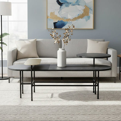 Gold Oak Veneer and Black Marble Top Coffee Table with Iron Legs | Serrano