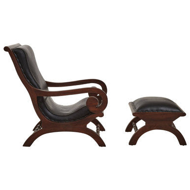 Inca Black Leather Lounge Chair and Footstool with Teak Wood Frame