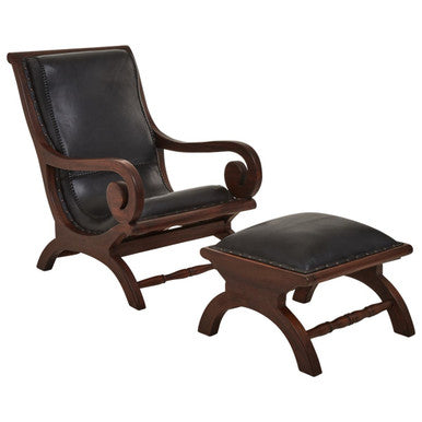 Inca Black Leather Lounge Chair and Footstool with Teak Wood Frame
