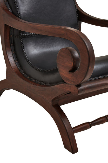 Inca Black Leather Lounge Chair and Footstool with Teak Wood Frame