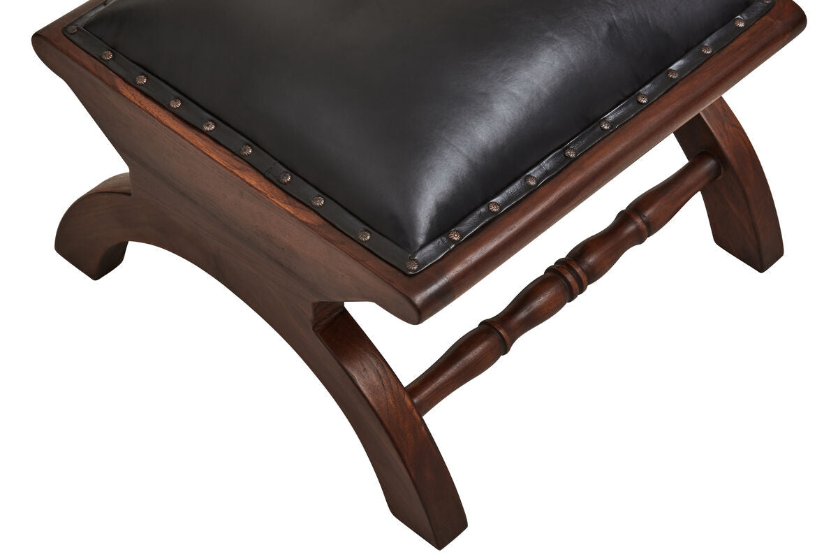 Inca Black Leather Lounge Chair and Footstool with Teak Wood Frame