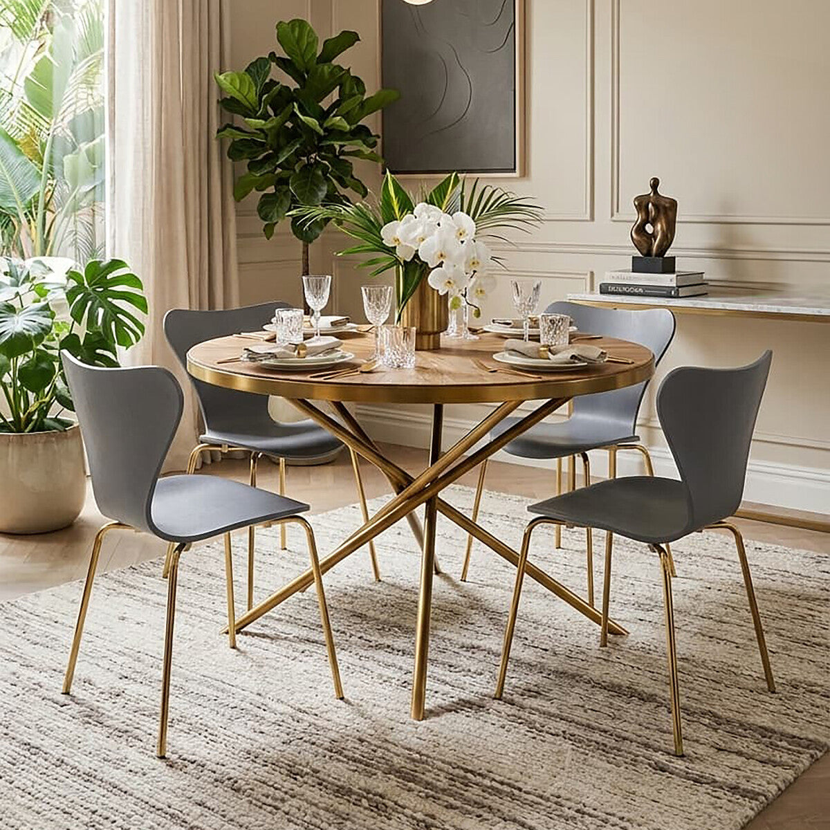 Gold Aged Fir Wood Rustic Top Dining Table with Stainless Steel Tied Base | Jana