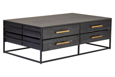 Black Finish 4-Drawer Coffee Table with Metallic Handles and Iron Frame | Judd