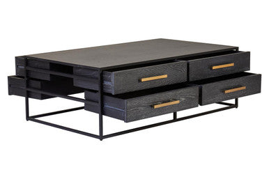 Black Finish 4-Drawer Coffee Table with Metallic Handles and Iron Frame | Judd