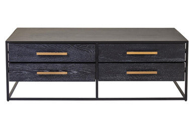Black Finish 4-Drawer Coffee Table with Metallic Handles and Iron Frame | Judd