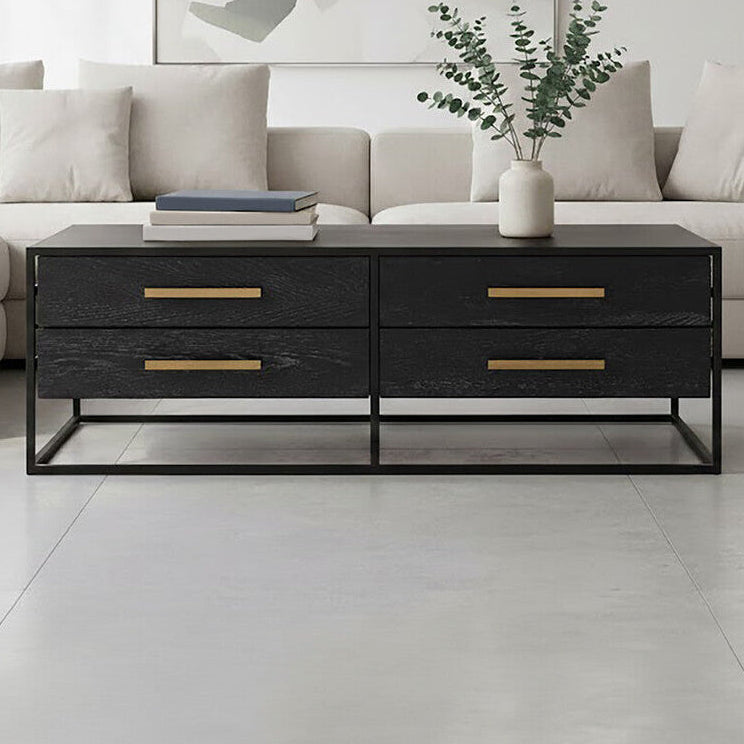 Black Finish 4-Drawer Coffee Table with Metallic Handles and Iron Frame | Judd