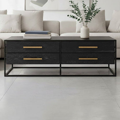 Black Finish 4-Drawer Coffee Table with Metallic Handles and Iron Frame | Judd