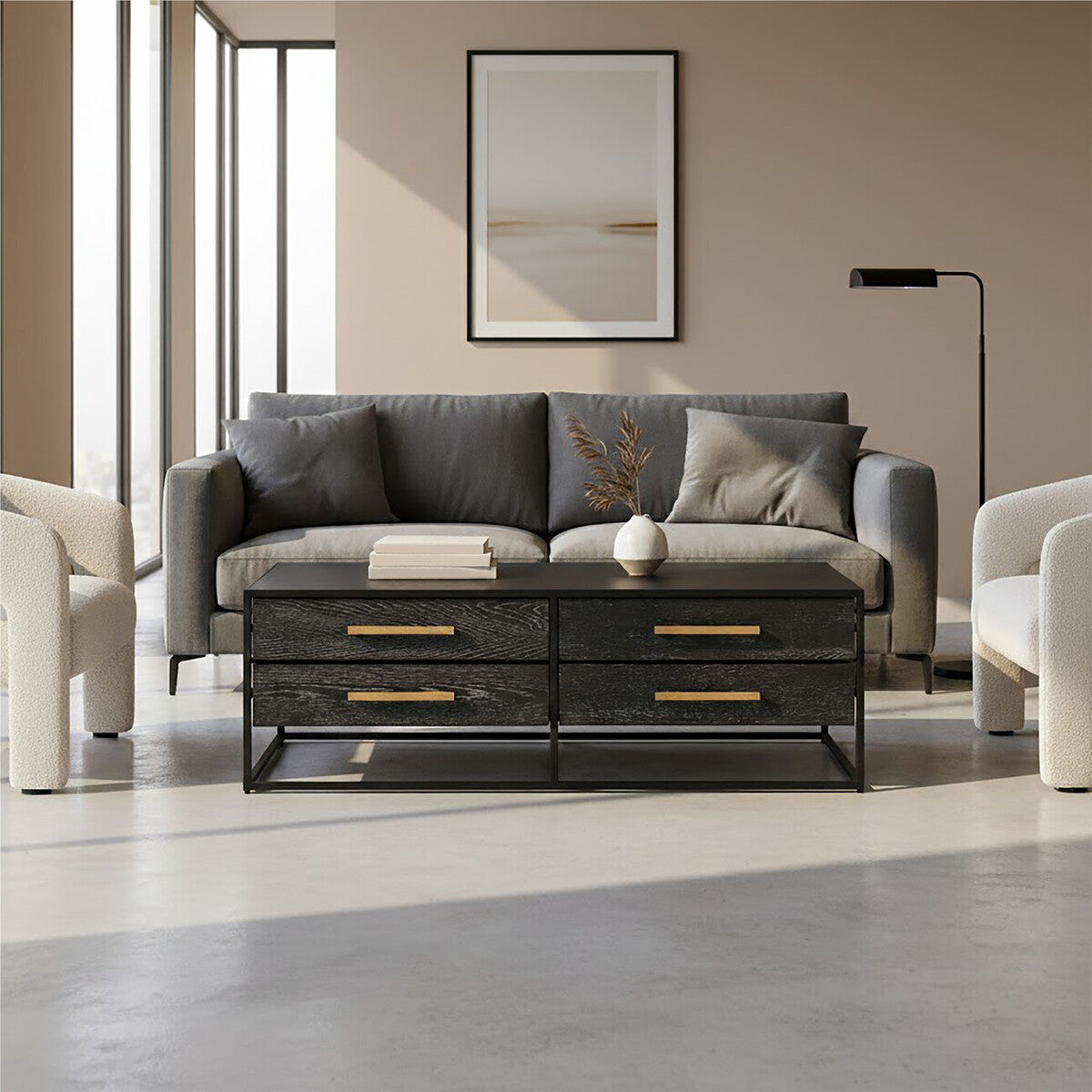 Black Finish 4-Drawer Coffee Table with Metallic Handles and Iron Frame | Judd
