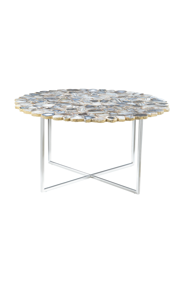 Silver and Assorted Agate Stone Top Coffee Table with Stainless Steel Cross Legs | Rabia
