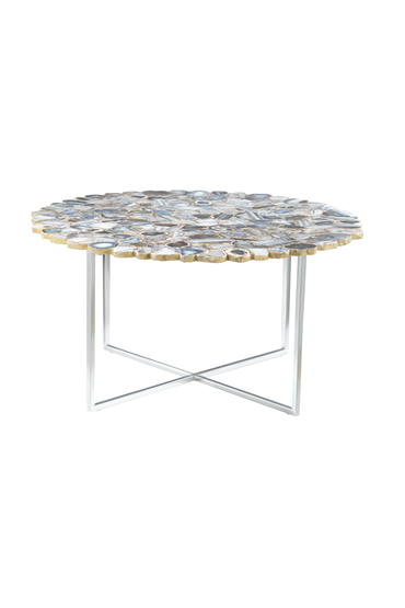 Silver and Assorted Agate Stone Top Coffee Table with Stainless Steel Cross Legs | Rabia