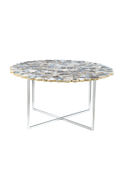 Silver and Assorted Agate Stone Top Coffee Table with Stainless Steel Cross Legs | Rabia