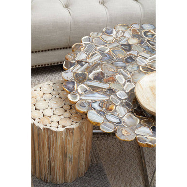 Silver and Assorted Agate Stone Top Coffee Table with Stainless Steel Cross Legs | Rabia