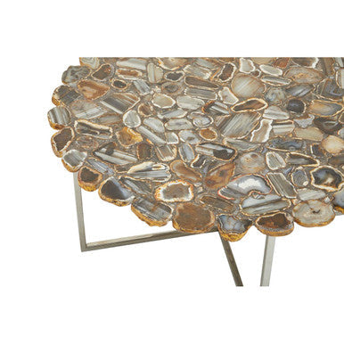 Silver and Assorted Agate Stone Top Coffee Table with Stainless Steel Cross Legs | Rabia