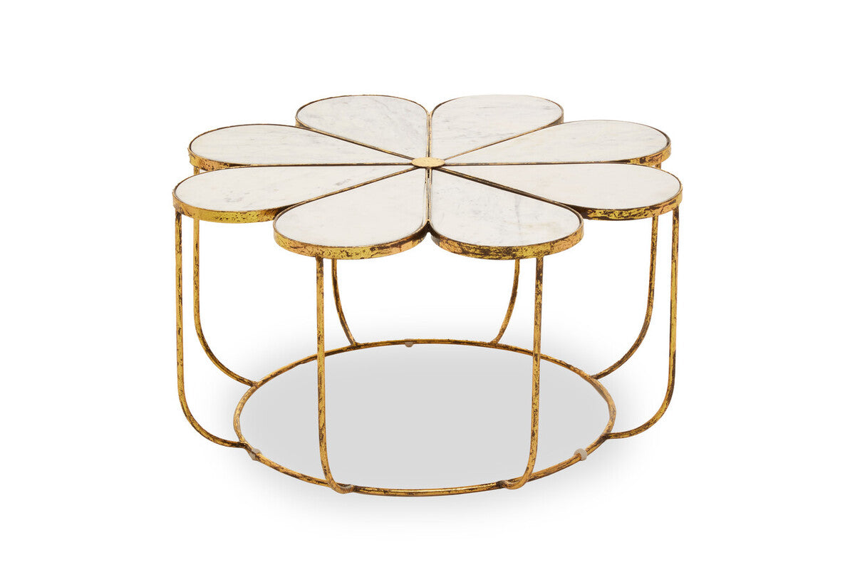 White Polished Marble Top Coffee Table with Petal Design Openwork Base | Rabia