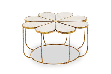 White Polished Marble Top Coffee Table with Petal Design Openwork Base | Rabia