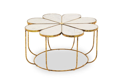 White Polished Marble Top Coffee Table with Petal Design Openwork Base | Rabia