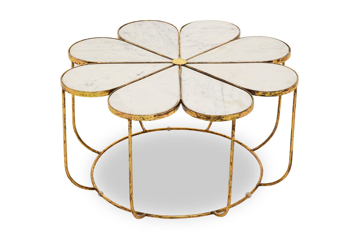 White Polished Marble Top Coffee Table with Petal Design Openwork Base | Rabia