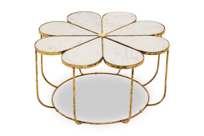 White Polished Marble Top Coffee Table with Petal Design Openwork Base | Rabia