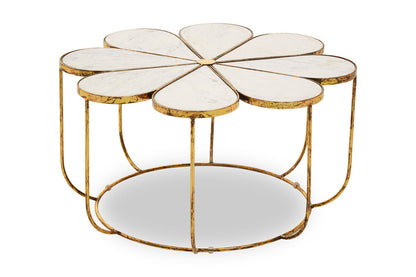 White Polished Marble Top Coffee Table with Petal Design Openwork Base | Rabia