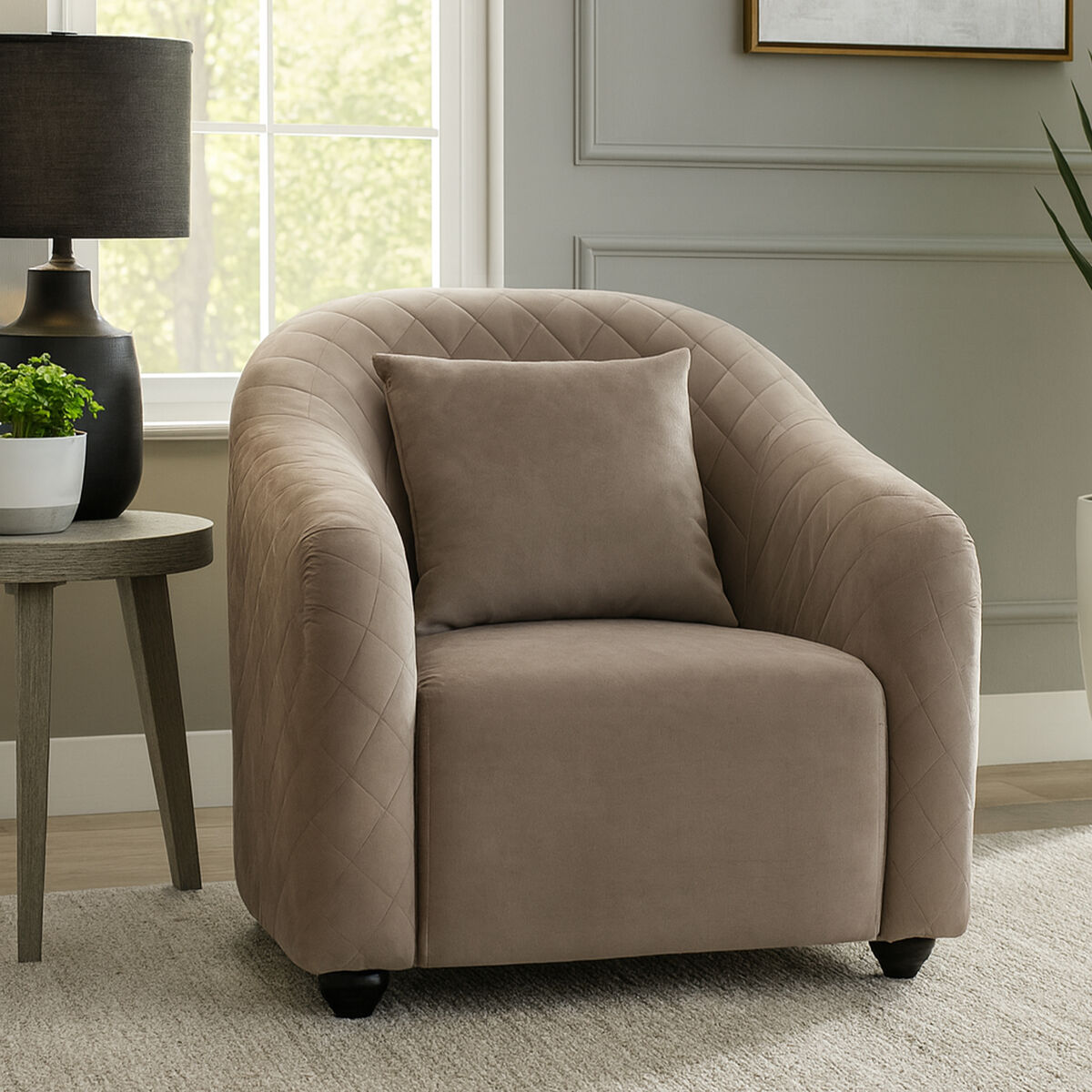 Fifi Light Grey Cotton Velvet Chair with Quilted Back