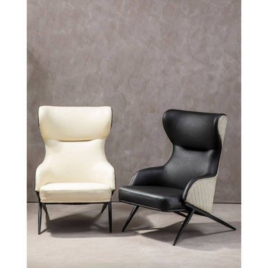 Kiev Ivory Fabric and Black Faux Leather Wingback Armchair