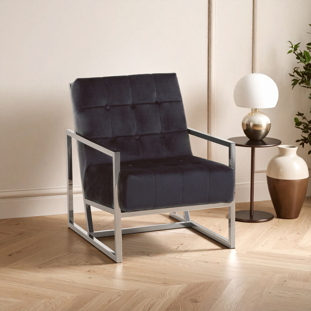 Hana Black Velvet Chair With Silver Stainless Steel Frame