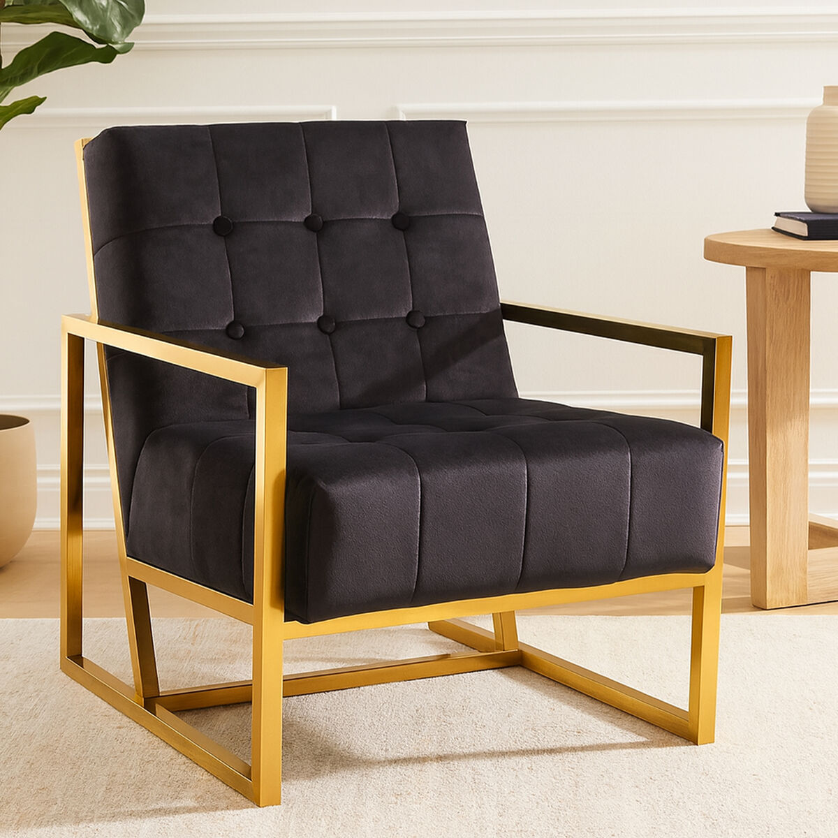 Hana Black Velvet Chair with Gold Stainless Steel Frame