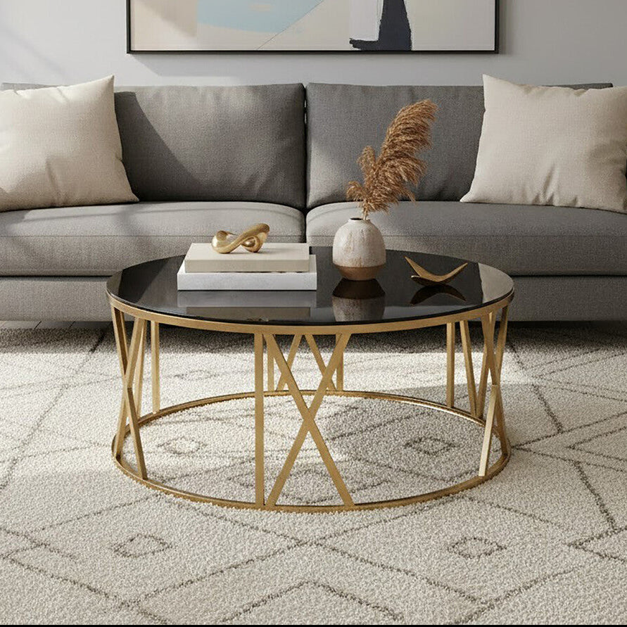 Alana Gold Finish and Black Glass Round Coffee Table