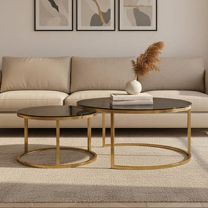 Alana Gold Finish and Tinted Glass Set of 2 Nesting Coffee Tables