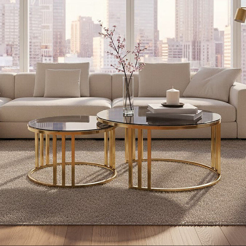 Alana Gold Finish and Tinted Glass Set of 2 Round Nesting Coffee Tables