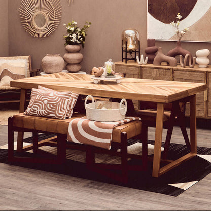 Natural Teak Wood Dining Table with Herringbone Top and Gold Finish Metal Frame | Kendari