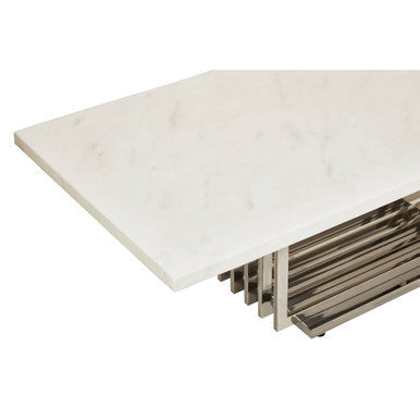 White Faux Marble Top Coffee Table with Silver Geometric Stainless Steel Frame | Moda