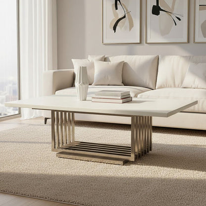 White Faux Marble Top Coffee Table with Silver Geometric Stainless Steel Frame | Moda