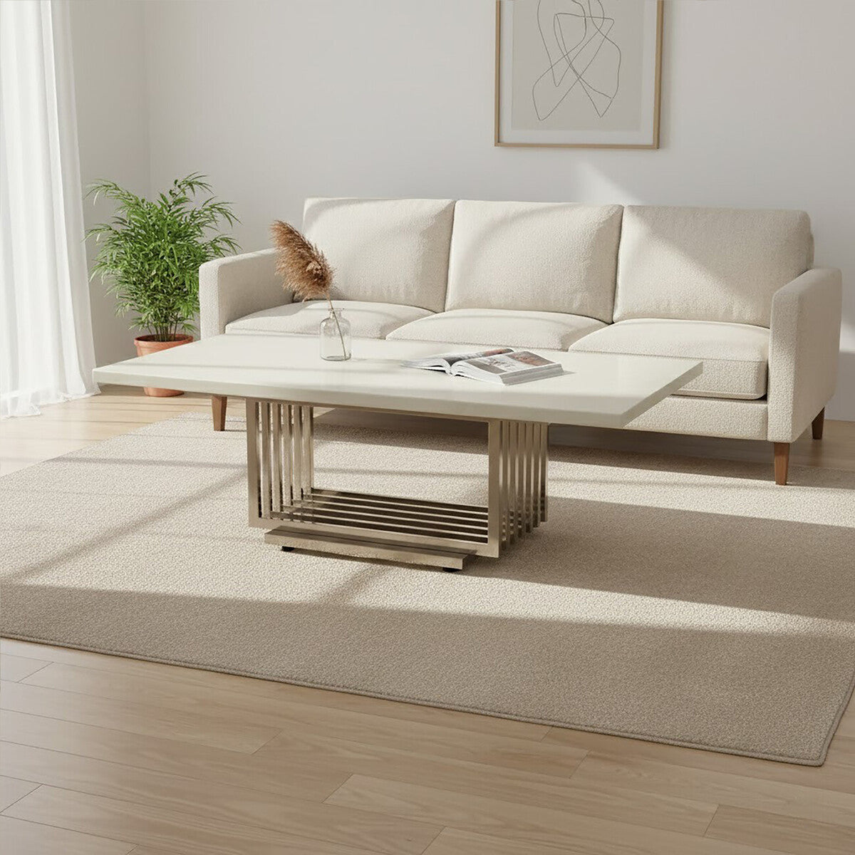 White Faux Marble Top Coffee Table with Silver Geometric Stainless Steel Frame | Moda