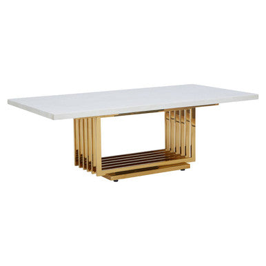 Ivory White Faux Marble Top Coffee Table with Geometric Gold Finished Stainless Steel Frame | Moda