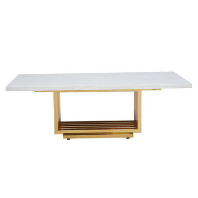 Ivory White Faux Marble Top Coffee Table with Geometric Gold Finished Stainless Steel Frame | Moda