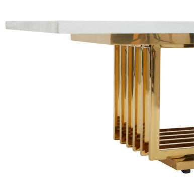 Ivory White Faux Marble Top Coffee Table with Geometric Gold Finished Stainless Steel Frame | Moda