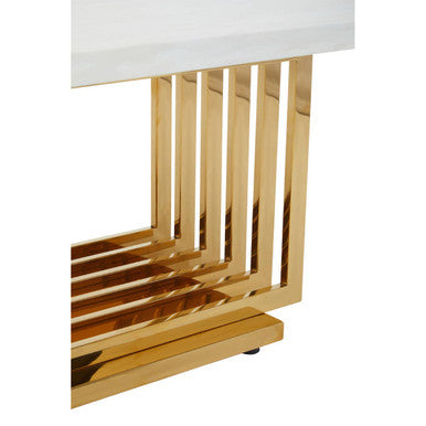 Ivory White Faux Marble Top Coffee Table with Geometric Gold Finished Stainless Steel Frame | Moda