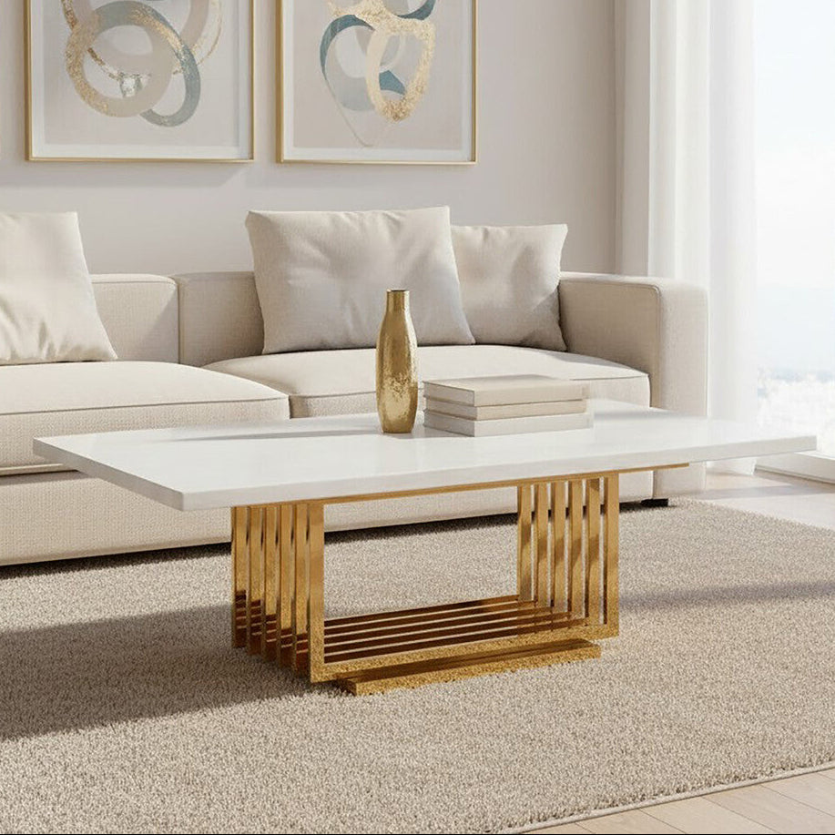 Ivory White Faux Marble Top Coffee Table with Geometric Gold Finished Stainless Steel Frame | Moda