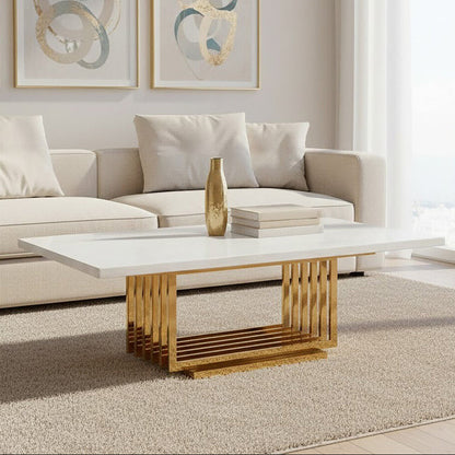 Ivory White Faux Marble Top Coffee Table with Geometric Gold Finished Stainless Steel Frame | Moda