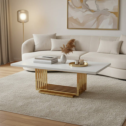 Ivory White Faux Marble Top Coffee Table with Geometric Gold Finished Stainless Steel Frame | Moda