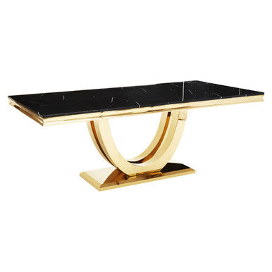 Black Faux Marble Rectangular Top Dining Table with Brushed Gold Geometric Frame | Moda