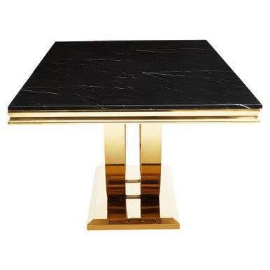 Black Faux Marble Rectangular Top Dining Table with Brushed Gold Geometric Frame | Moda