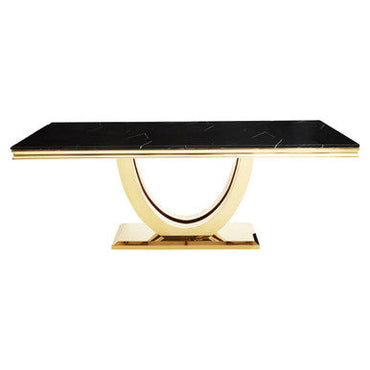 Black Faux Marble Rectangular Top Dining Table with Brushed Gold Geometric Frame | Moda