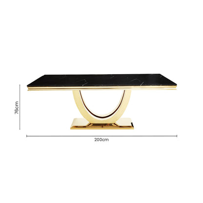 Black Faux Marble Rectangular Top Dining Table with Brushed Gold Geometric Frame | Moda