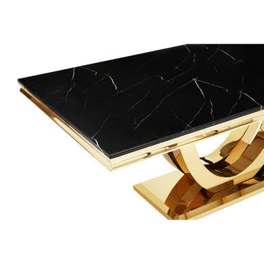 Black Faux Marble Rectangular Top Dining Table with Brushed Gold Geometric Frame | Moda