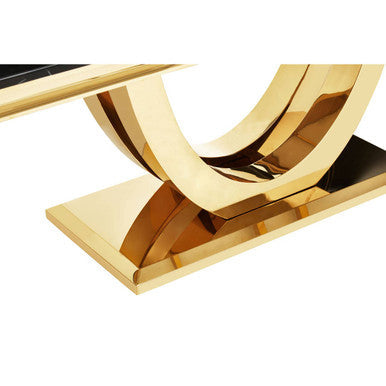 Black Faux Marble Rectangular Top Dining Table with Brushed Gold Geometric Frame | Moda