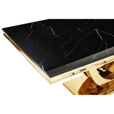 Black Faux Marble Rectangular Top Dining Table with Brushed Gold Geometric Frame | Moda